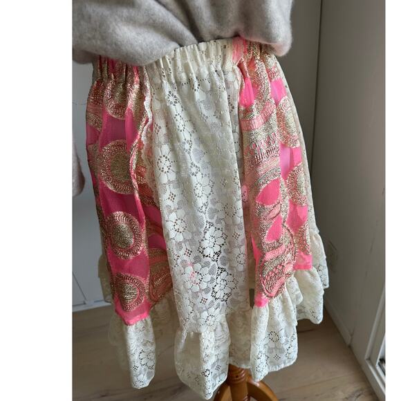 Vintage 60s Square Dancing Circle Skirt Size S/M Lace Cream Pink Statement - Picture 7 of 8